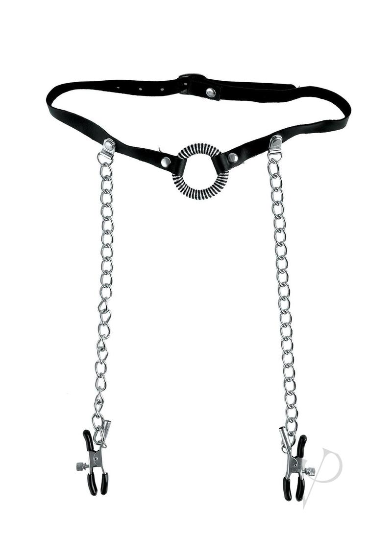 Ffle O Ring Gag and Nipple Clamps Black