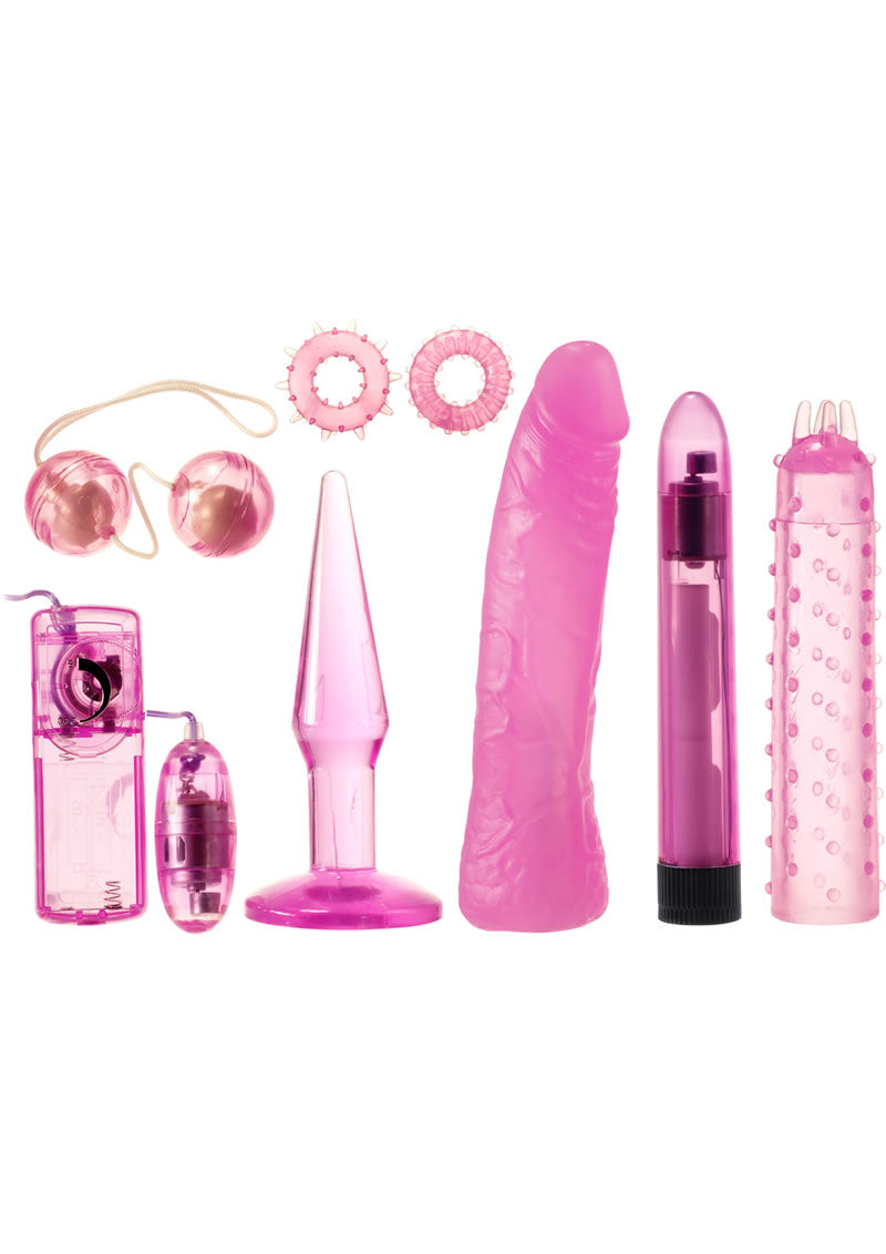 Myu Mystic Treasures Couples Kit displaying various sex toys including a pink vibrator and dildo