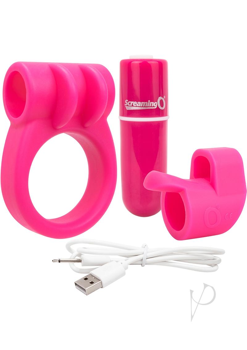 Pink vibrator from the Charged Combo Kit 1 alongside its USB charger