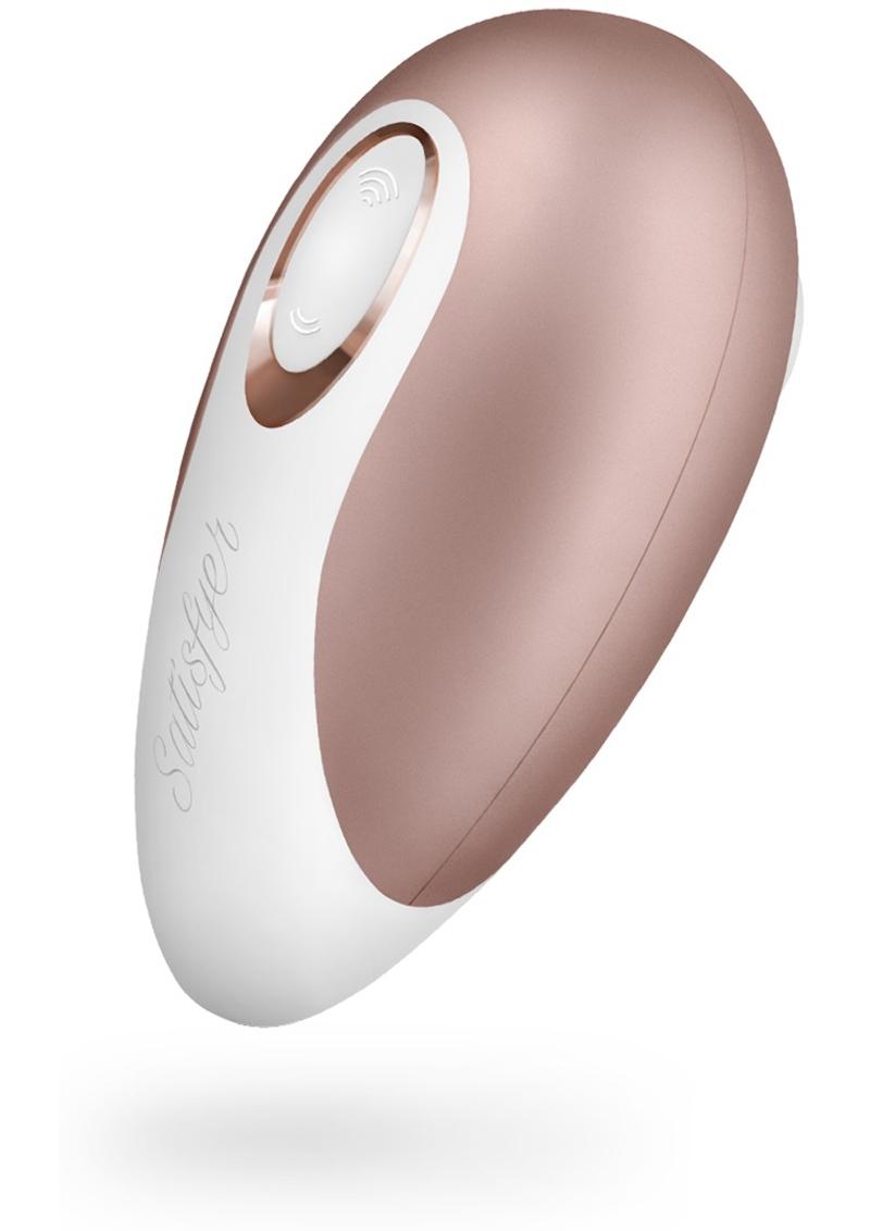 The Satisfyer Deluxe in a compact size with a pink accent and ergonomic design