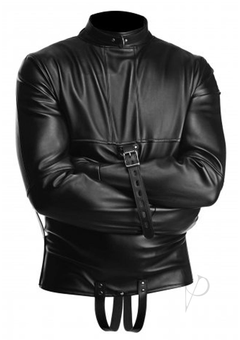 Individual modeling the extra-large straight jacket with secure fastenings
