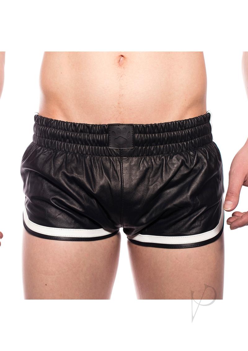 Front view of a man modeling small-sized Prowler Red white leather shorts