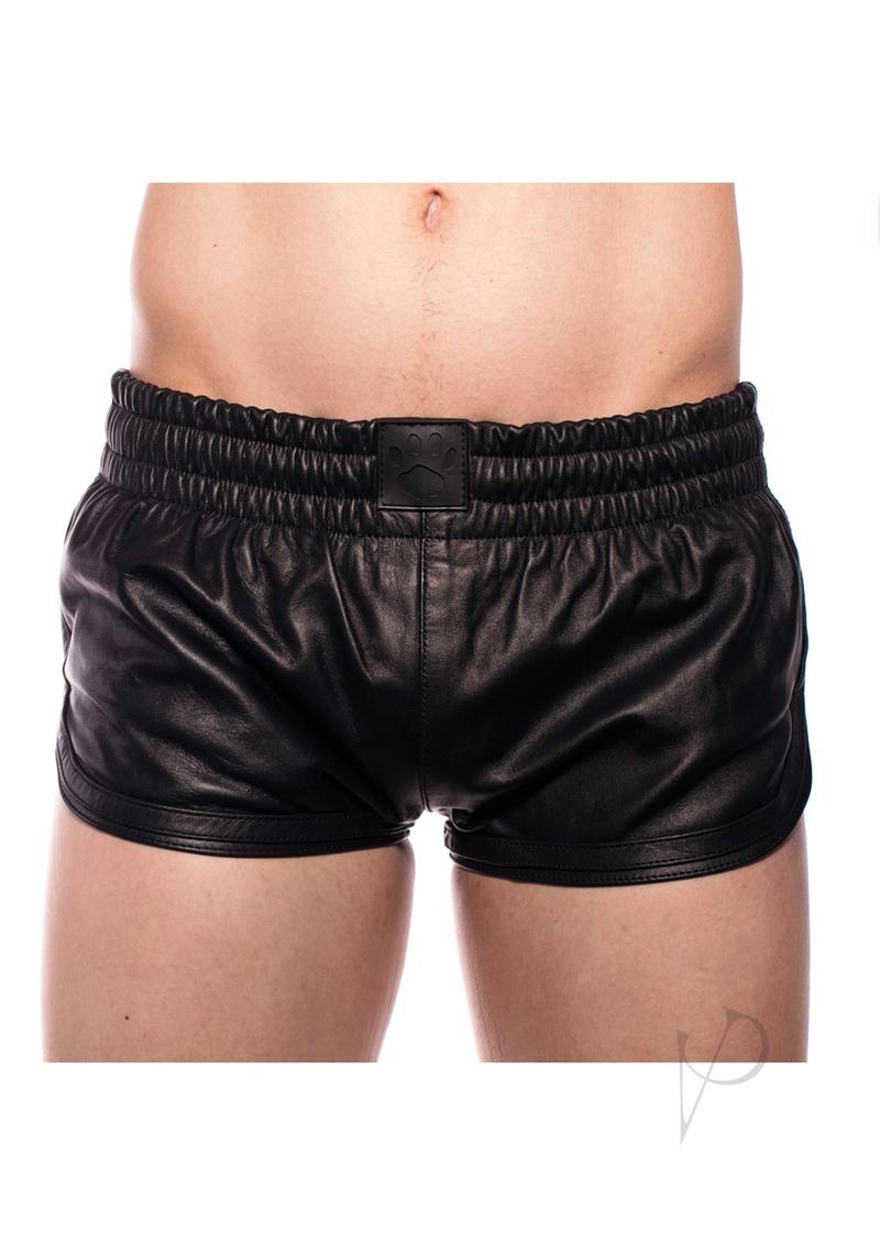 Front view of Prowler Red leather sports shorts in black, size XS