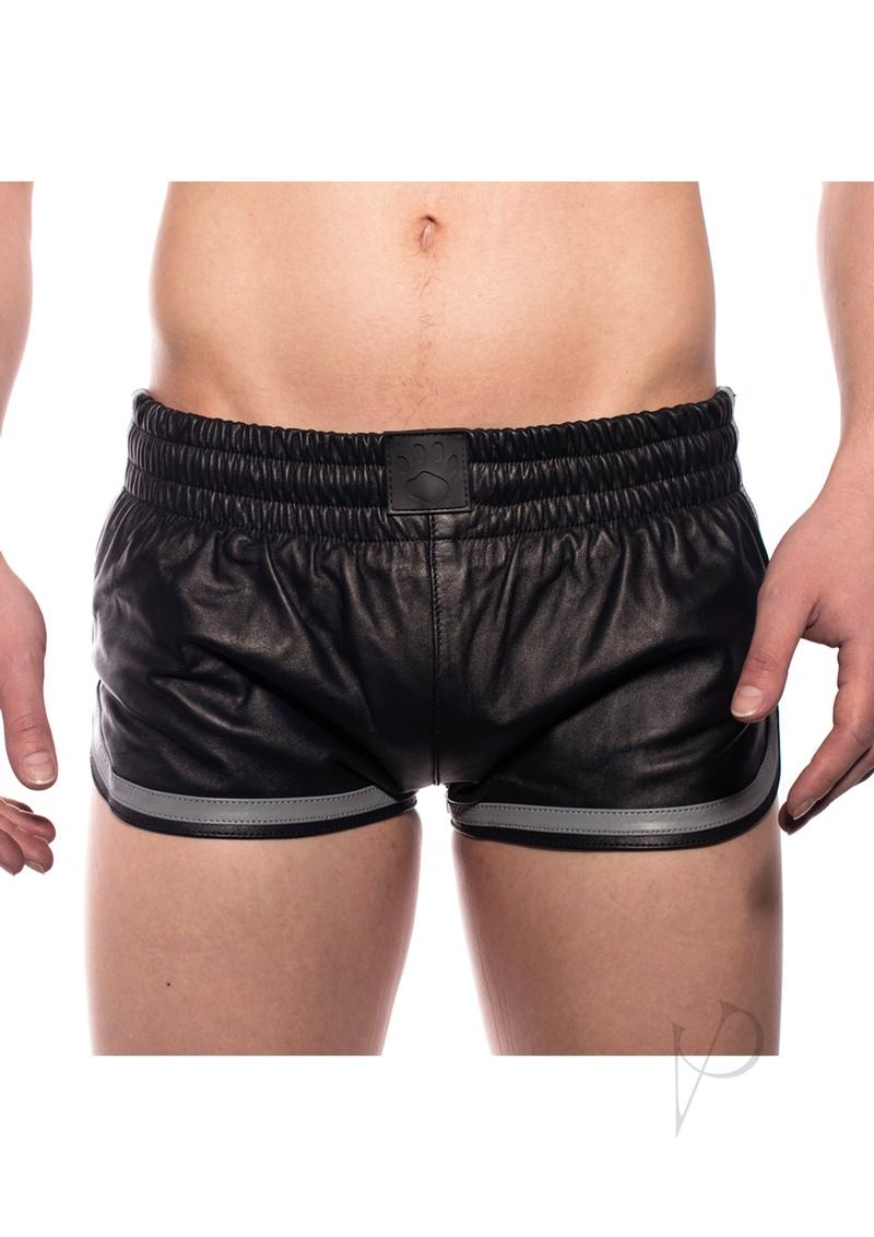 Front view of grey Prowler Red leather sports shorts with a black belt in size XS