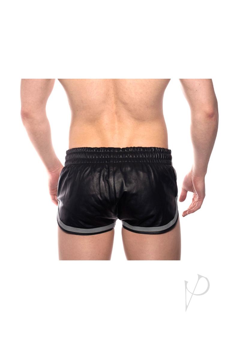 Rear angle of Prowler Red grey leather sports shorts in size XS