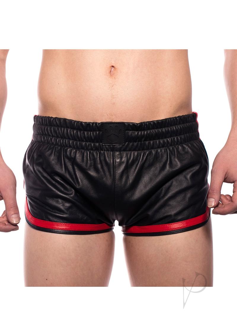Front view of Prowler Red Leather Sports Shorts in Red, size XS