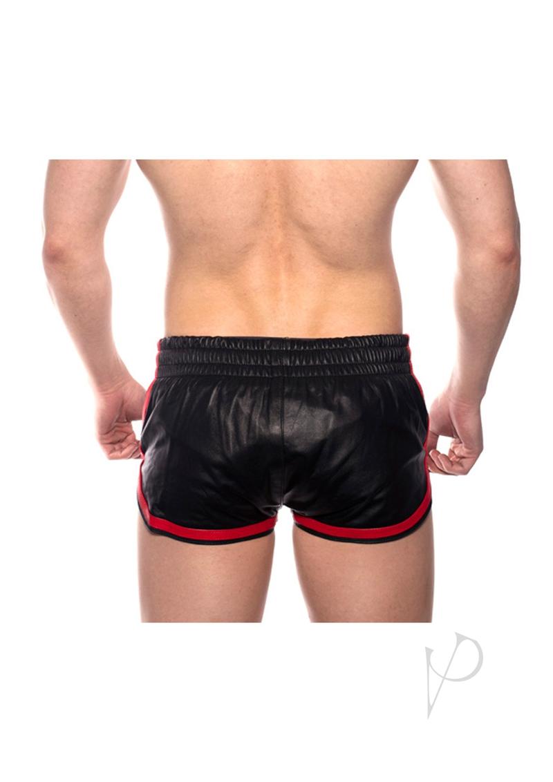 Rear view of Prowler Red Leather Sports Shorts in Red, size XS