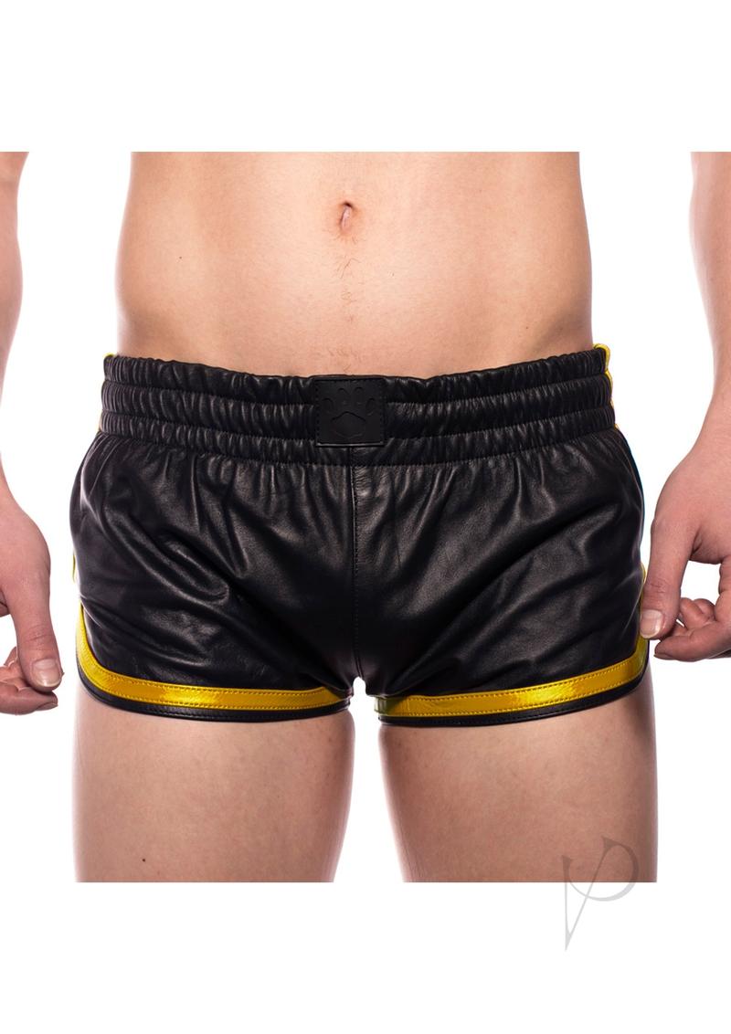 Front view of Prowler Red leather shorts in size XS featuring yellow side stripes