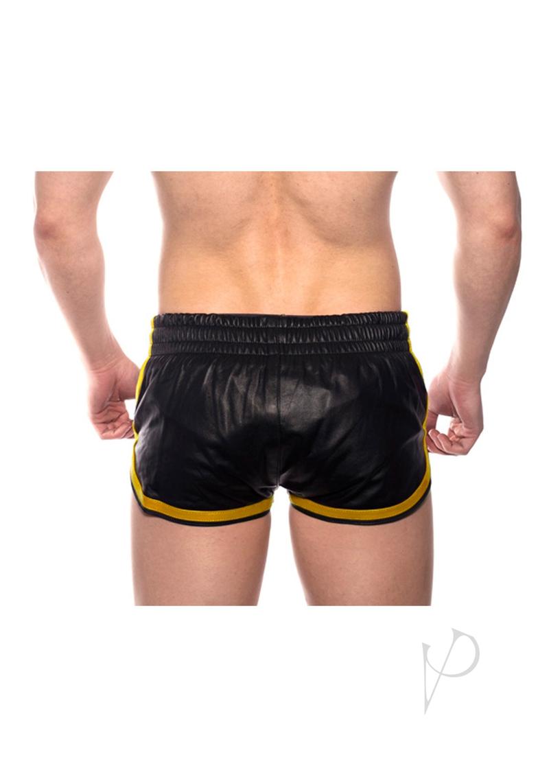 Rear view of Prowler Red leather shorts in size XS with yellow stripes