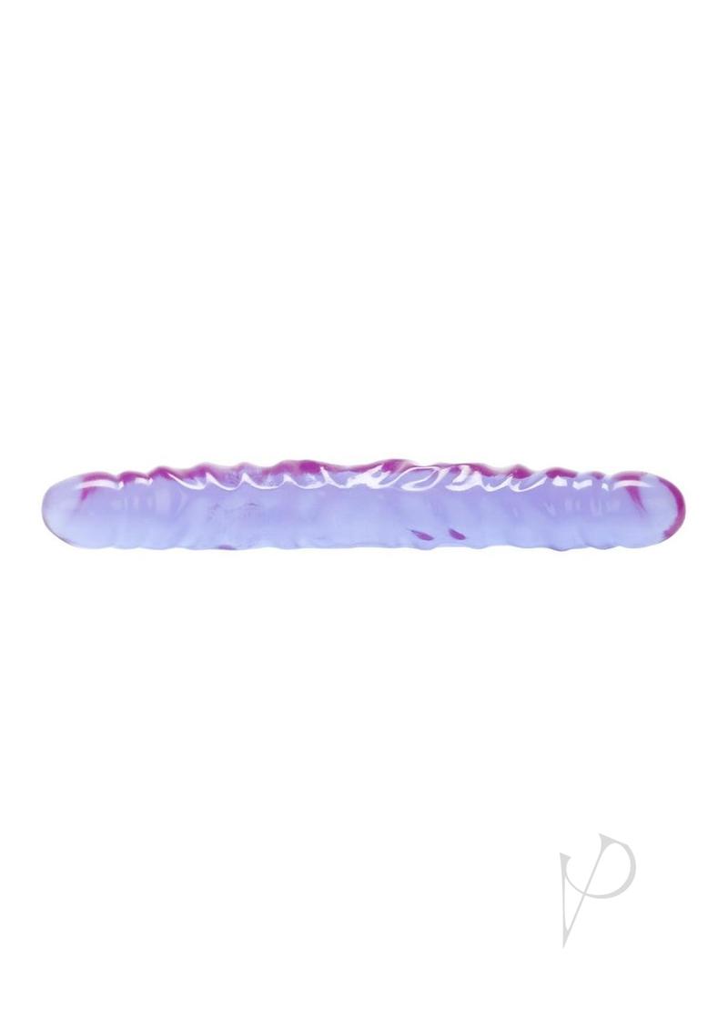 Double-ended purple dildo with a veined texture