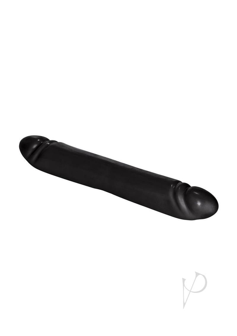 Two-sided black silicone dildo with a smooth finish against a white background